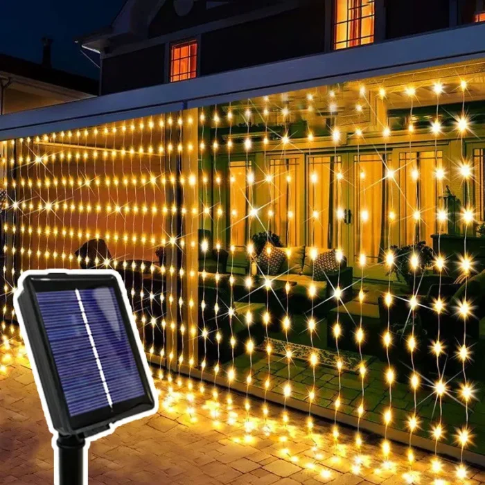 Solar-Powered 3x1M/3x2M/3x3M LED Copper Wire Curtain String Lights - Waterproof Outdoor Window Lights for Christmas, Party, & Wedding Decor