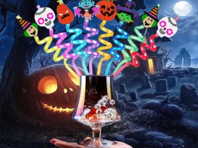 Halloween Plastic Drinking Straws - Reusable Pumpkin, Bat, Spider Web, Skeleton, Witch Straws for Party Decorations