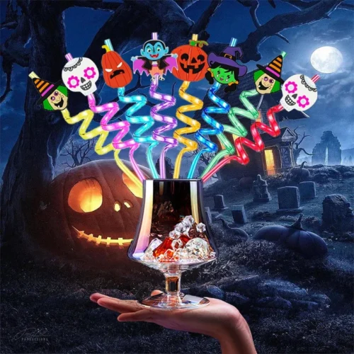 Halloween Plastic Drinking Straws - Reusable Pumpkin, Bat, Spider Web, Skeleton, Witch Straws for Party Decorations