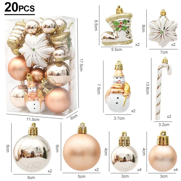 20pcs Christmas Tree Balls & Ornaments – Candy Cane, Pine Cone Set for Home Decoration