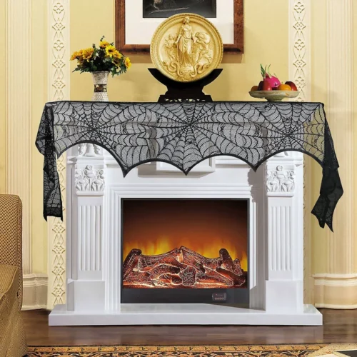 Halloween Lace Spider Web Table Runner – Black Tablecloth and Fireplace Mantel Cover - Image 3