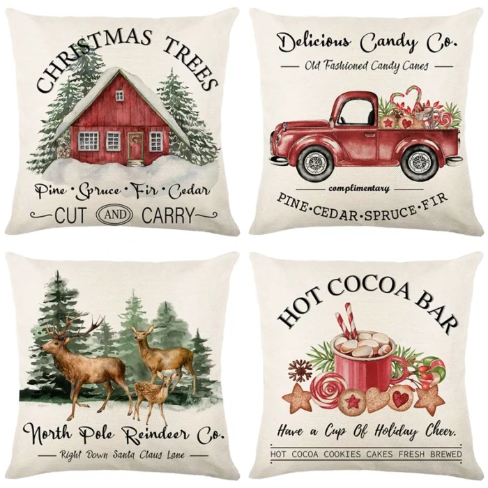 Linen Merry Christmas Pillow Cover – 45x45cm Throw Pillowcase for Winter, Home, Tree, Deer, & Sofa Decorations