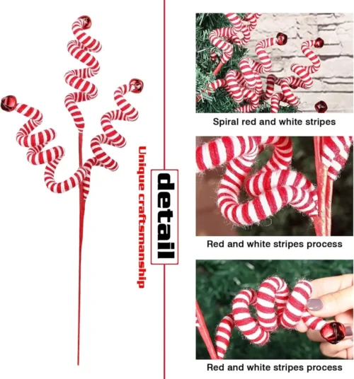 Christmas Tree Decoration - Red/White Woolen Bells Curly Pick Branch Ornaments for Home, Office, Party, Xmas Gift, & Navidad