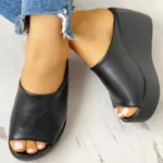 Women's Leather Wedge Slippers - Slip-On Casual Beach Slides, Platform Height Increasing Chunky Shoes, Zapatos De Mujer