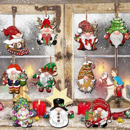 12/24/36pcs Christmas Wooden Hanging Ornaments – Gnome & Santa Pendants for New Year, Room, Coffee Shop, & Bar Decor