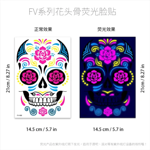 Sugar Skull Stickers – Halloween UV Glow Neon Temporary Tattoos for Day of the Dead - Image 10