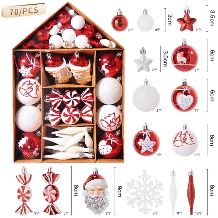 70pcs Christmas Ornaments – Boutique Ball Set for Christmas Tree, Home, Bedroom, & New Year Decoration