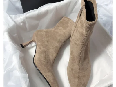 Women's Plus Size Stretch Boots - Casual Pointed Toe, Flock Material, Elegant Non-Slip Thin Heel Work Boots