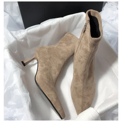 Women's Plus Size Stretch Boots - Casual Pointed Toe, Flock Material, Elegant Non-Slip Thin Heel Work Boots