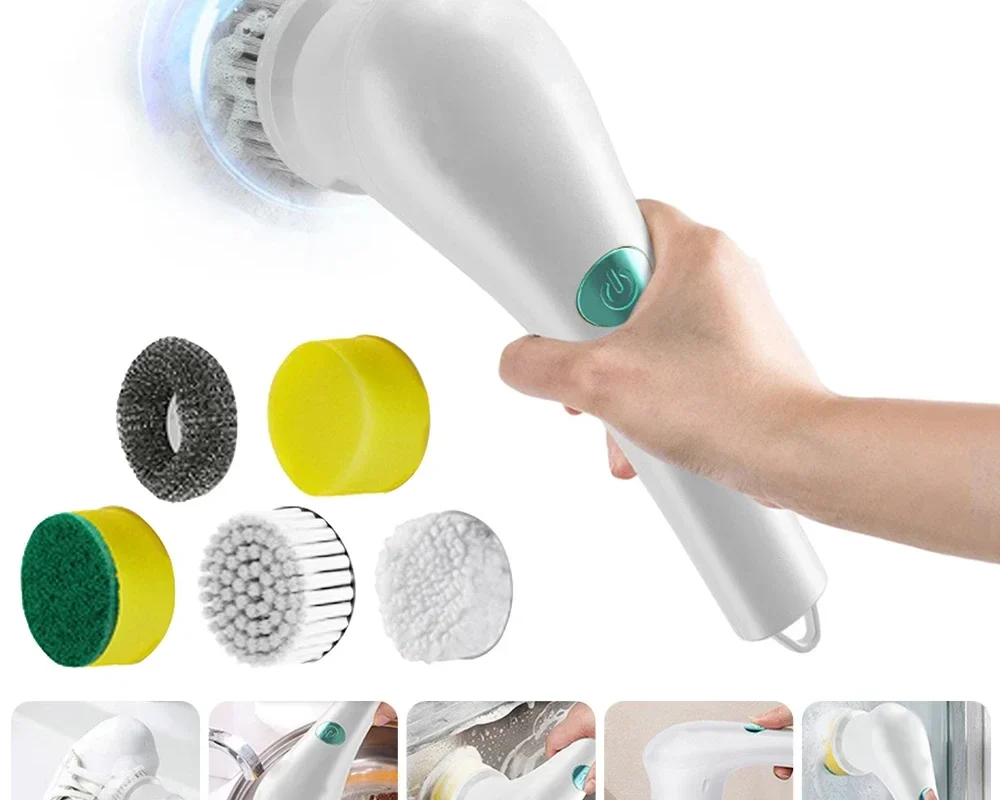 Rechargeable Electric Cleaning Brush – Handheld Scrubber with 5 Brush Heads, Ideal for Kitchen Sinks, Bathroom Tiles, and More