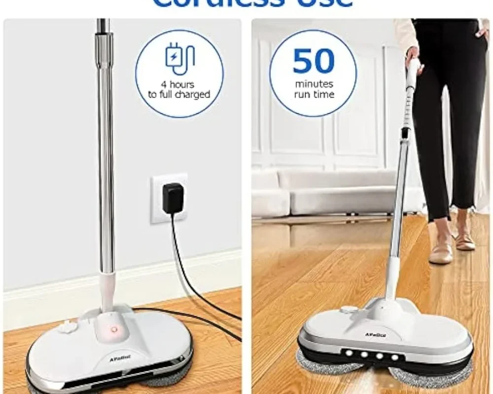 Cordless Electric Mop for Floor Cleaning – AlfaBot WS-24 Electric Spin Mop with Water Sprayer and LED Headlight