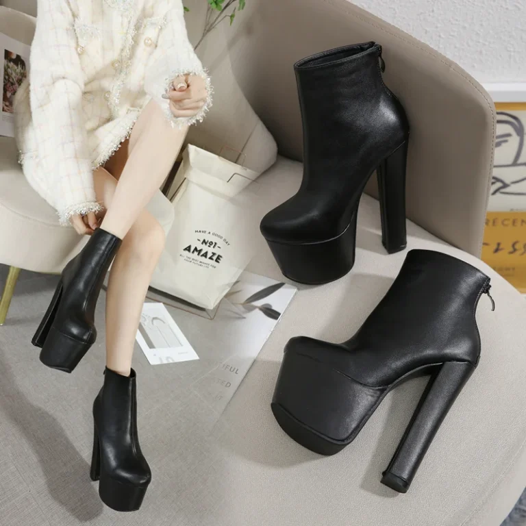 Women's 16CM Sexy Winter Black Platform Boots - Fashion Thick High Heel Ankle Boots