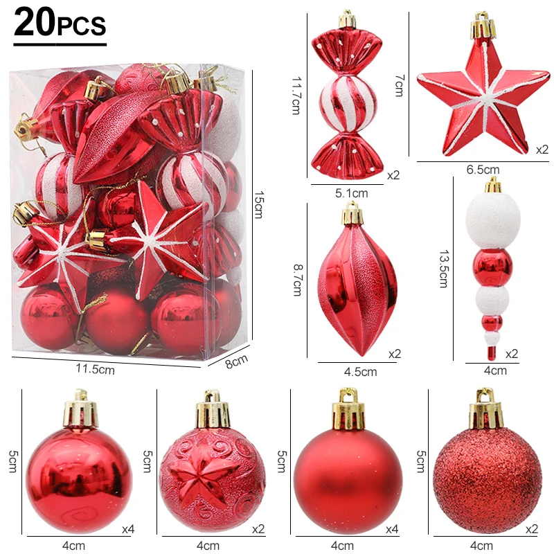 20pcs Christmas Tree Balls & Ornaments – Candy Cane, Pine Cone Set for Home Decoration