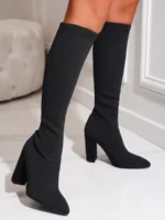 Women's Mesh Knitting Long Boots - High Heels, Knee High Platform Boots, Plus Size 42