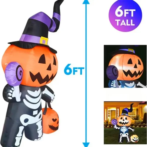 6FT Halloween Inflatable Giant Pumpkin with Skull and Ghost - Image 4
