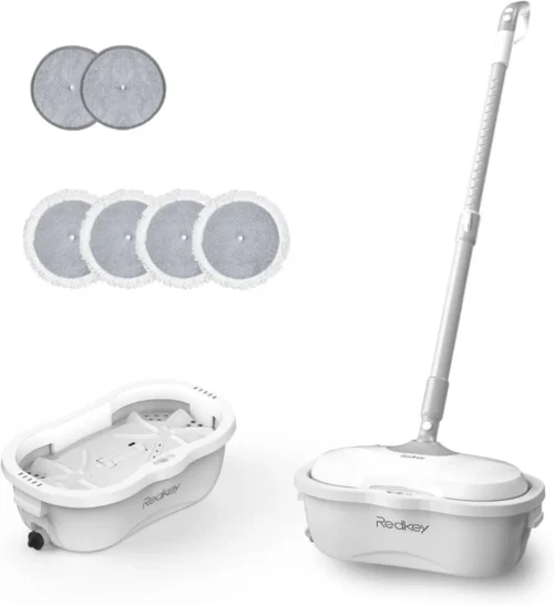Lightweight SpinWave Hard Floor Spin Mop – Includes 4 Soft-Touch Pads and 2 Scrubby Pads, Easy to Maneuver with On-Demand Spray, White/Black