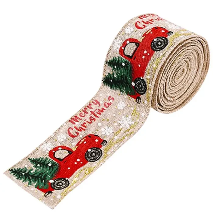 Christmas Wired Ribbons – 2m Buffalo Plaid, Vintage Truck & Trees, Wired Edge for Xmas DIY Wrapping & Floral Craft