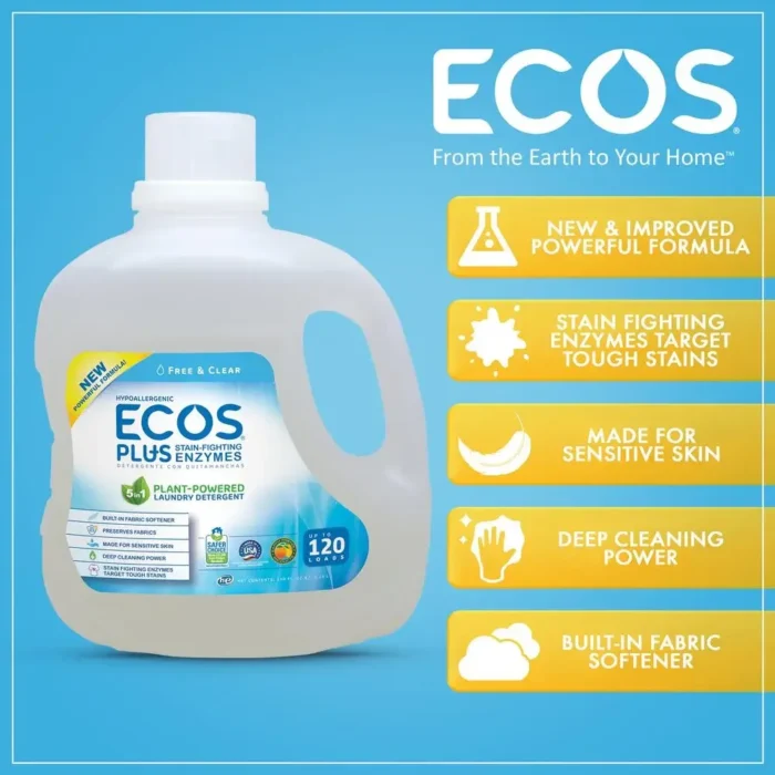 ECOS Free and Clear 110oz Liquid Laundry Detergent Stain-Fighting Enzymes Hypoallergenic Plant-Powered Concentrated Formula