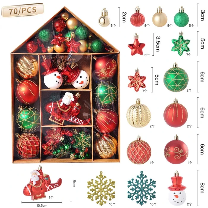 70pcs Christmas Ornaments – Boutique Ball Set for Christmas Tree, Home, Bedroom, & New Year Decoration