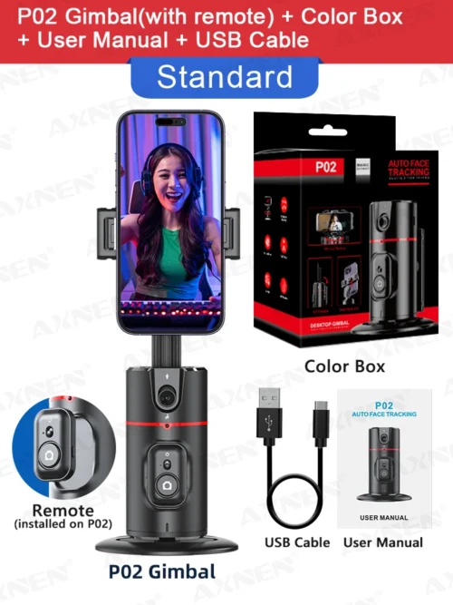 P02 360° Rotation Gimbal Stabilizer, Follow-up Selfie Desktop Face Tracking Gimbal with Remote Control