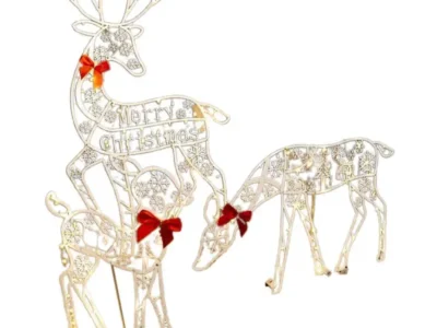 Christmas Reindeer Metal Wrought Iron 3D Garden Patio Decoration – Illuminated Family of Three