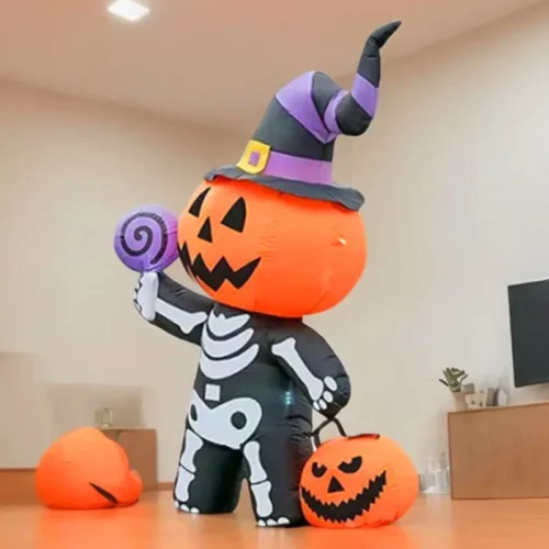 6FT Halloween Inflatable Giant Pumpkin with Skull and Ghost - Image 3