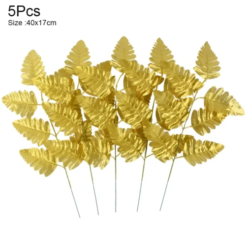 5Pcs Artificial Tropical Palm Tree & Gold Silk Turtle Leaves - Fake Plants for Hawaii Wedding, Jungle Birthday Party Decor