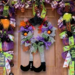 Halloween Signs Wreath with Wicked Witch Legs Pendant – Outdoor Garland with Fake Plants for Front Door Ornament