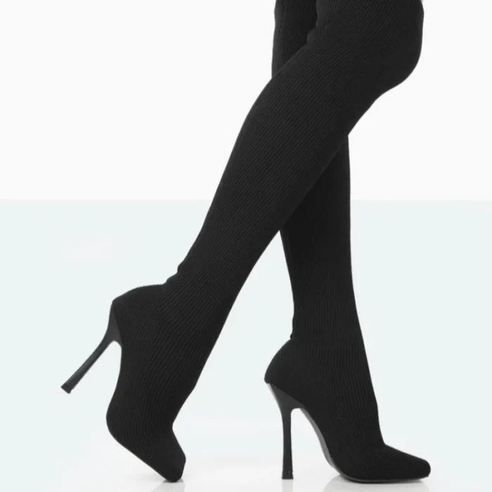 Women's Pink Knitted Elastic Knee High Boots - Square Toe, Stiletto Heel, Slip-On Winter Shoes