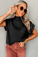 Chic Black Ribbed Knit Sweater with Short Sleeves and Patch Pockets