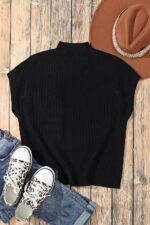 Chic Black Ribbed Knit Sweater with Short Sleeves and Patch Pockets