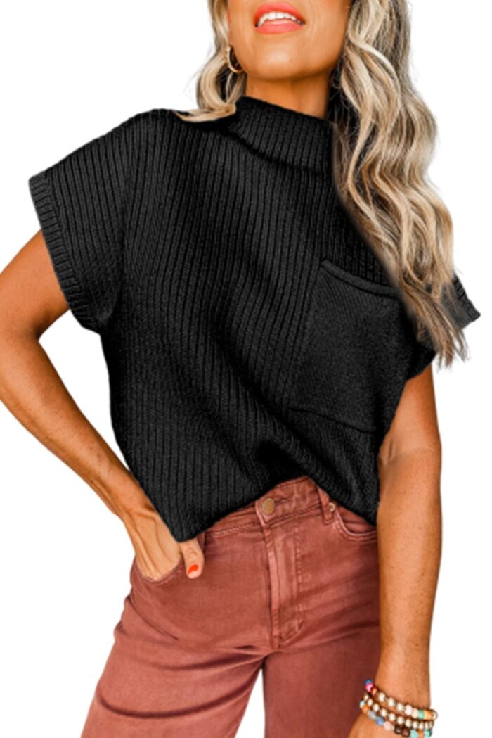 Chic Black Ribbed Knit Sweater with Short Sleeves and Patch Pockets