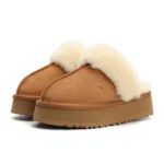 Chestnut Fur Slides Sheepskin Shearling Slippers - New Ultra Mini Platform Boot Slip-On Shoes for Women and Men, Suede Upper Comfort