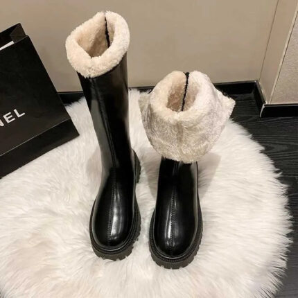 Plush Warm Thigh High Boots - Winter Designer Velvet Round Toe, Thick Sole Snow Boots, Knee Length Platform Shoes