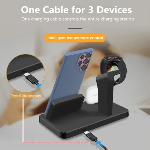 3-in-1 Charging Station, 30W Fast Wireless Charger Dock Stand for Samsung with Type C Connector