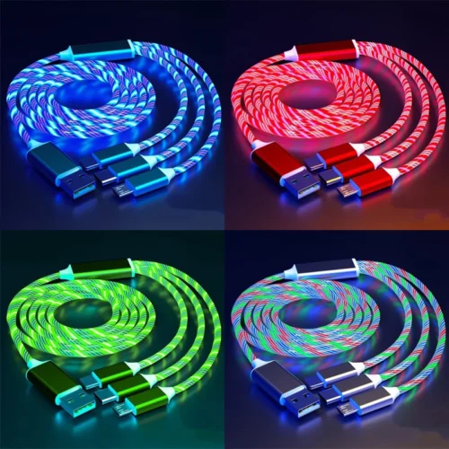 Dynamic Glowing LED 3-in-1 Cable, Flowing Streamer Light Fast Charger with Luminous USB-C Cord