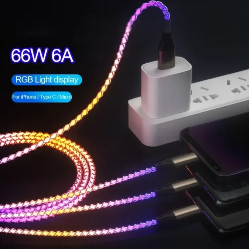3-in-1 66W RGB Glowing Type C Cable, Fast Charging LED USB Cord for iPhone, Huawei, Samsung, Xiaomi