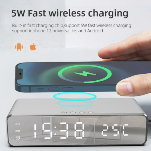 Wireless Charger with Time Alarm Clock, LED Digital Thermometer and 5W Fast Charging Dock Station