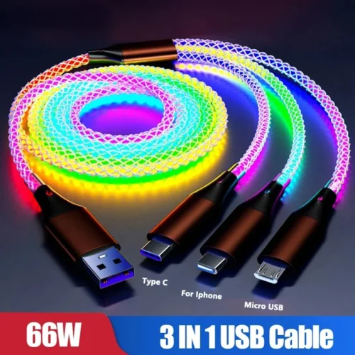3-in-1 66W RGB Glowing Type C Cable, Fast Charging LED USB Cord for iPhone, Huawei, Samsung, Xiaomi
