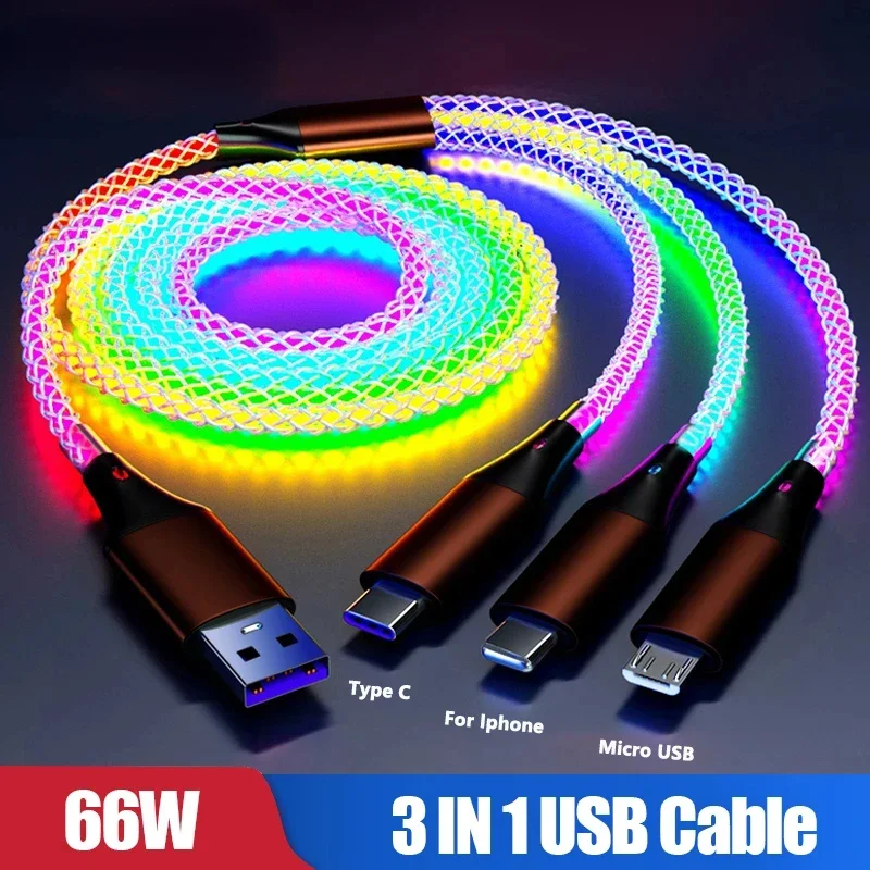 3-in-1 66W 6A RGB Glowing Type C Cable – LED Light USB Fast Charging Cord