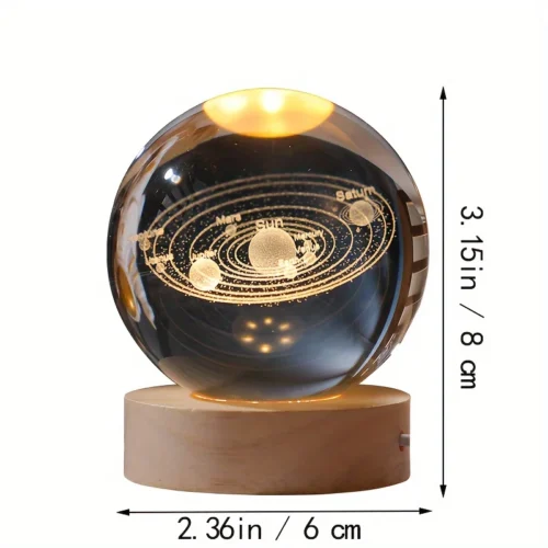 Enchanting Crystal Planet Globe, Laser Engraved Solar System with Warm Light USB Base