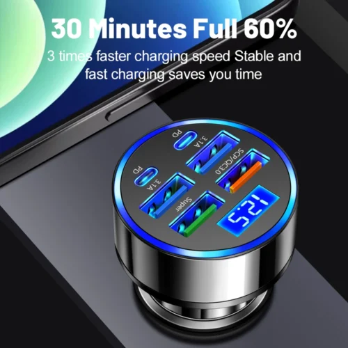 Ultimate 100W 6-Port Car Charger, Fast Charging PD QC3.0 USB-C Adapter with Digital Display