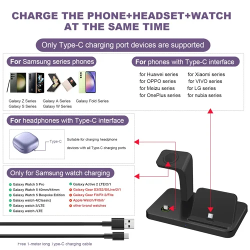 3-in-1 Charging Station, 30W Fast Wireless Charger Dock Stand for Samsung with Type C Connector