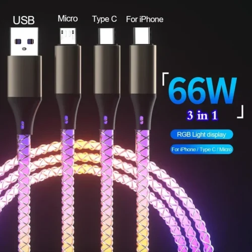 3-in-1 66W RGB Glowing Type C Cable, Fast Charging LED USB Cord for iPhone, Huawei, Samsung, Xiaomi