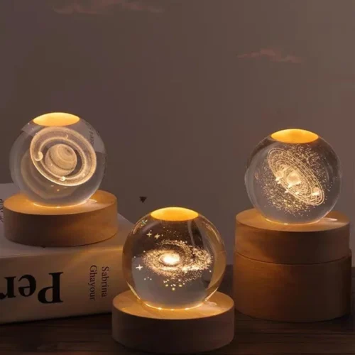 Enchanting Crystal Planet Globe, Laser Engraved Solar System with Warm Light USB Base