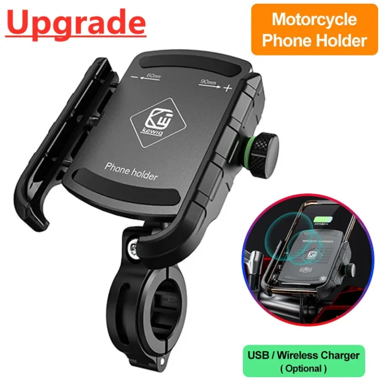 Motorcycle Phone Holder with Fast Wireless Charging – Quick USB Charger, Motorbike Mirror Stand