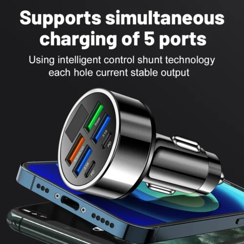 Ultimate 100W 6-Port Car Charger, Fast Charging PD QC3.0 USB-C Adapter with Digital Display