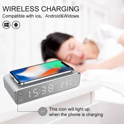 Wireless Charger with Time Alarm Clock, LED Digital Thermometer and 5W Fast Charging Dock Station