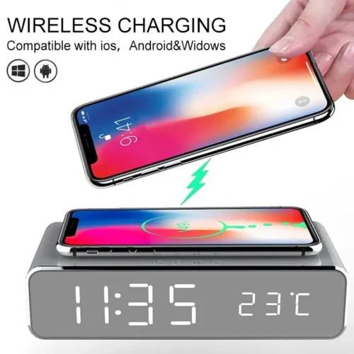 Wireless Charger with Time Alarm Clock, LED Digital Thermometer and 5W Fast Charging Dock Station