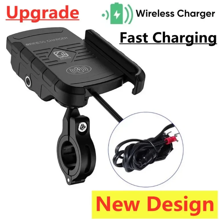 Motorcycle Phone Holder with Fast Wireless Charging – Quick USB Charger, Motorbike Mirror Stand